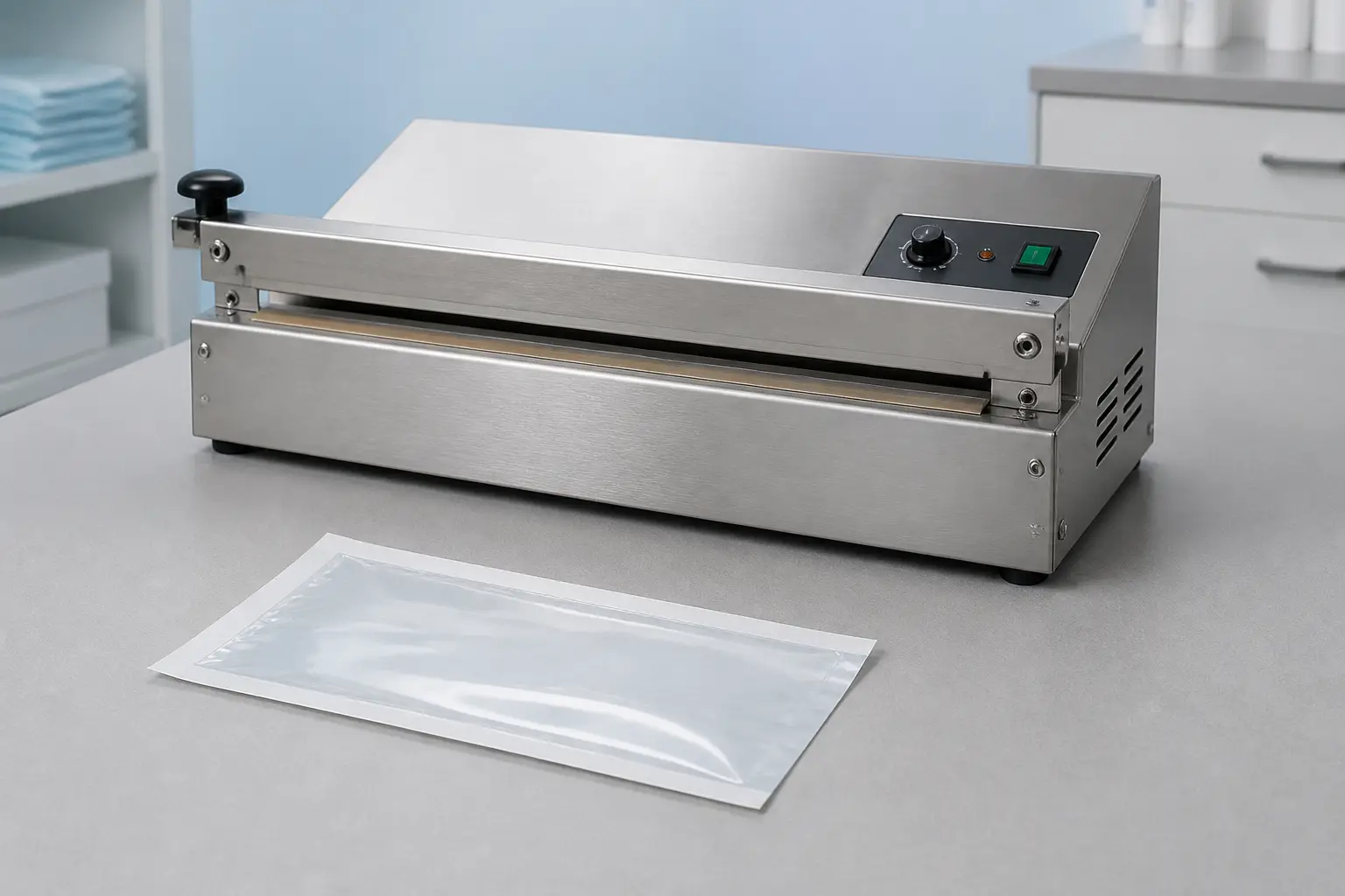 Illustration of a benchtop heat sealer with a medical-packaging pouch